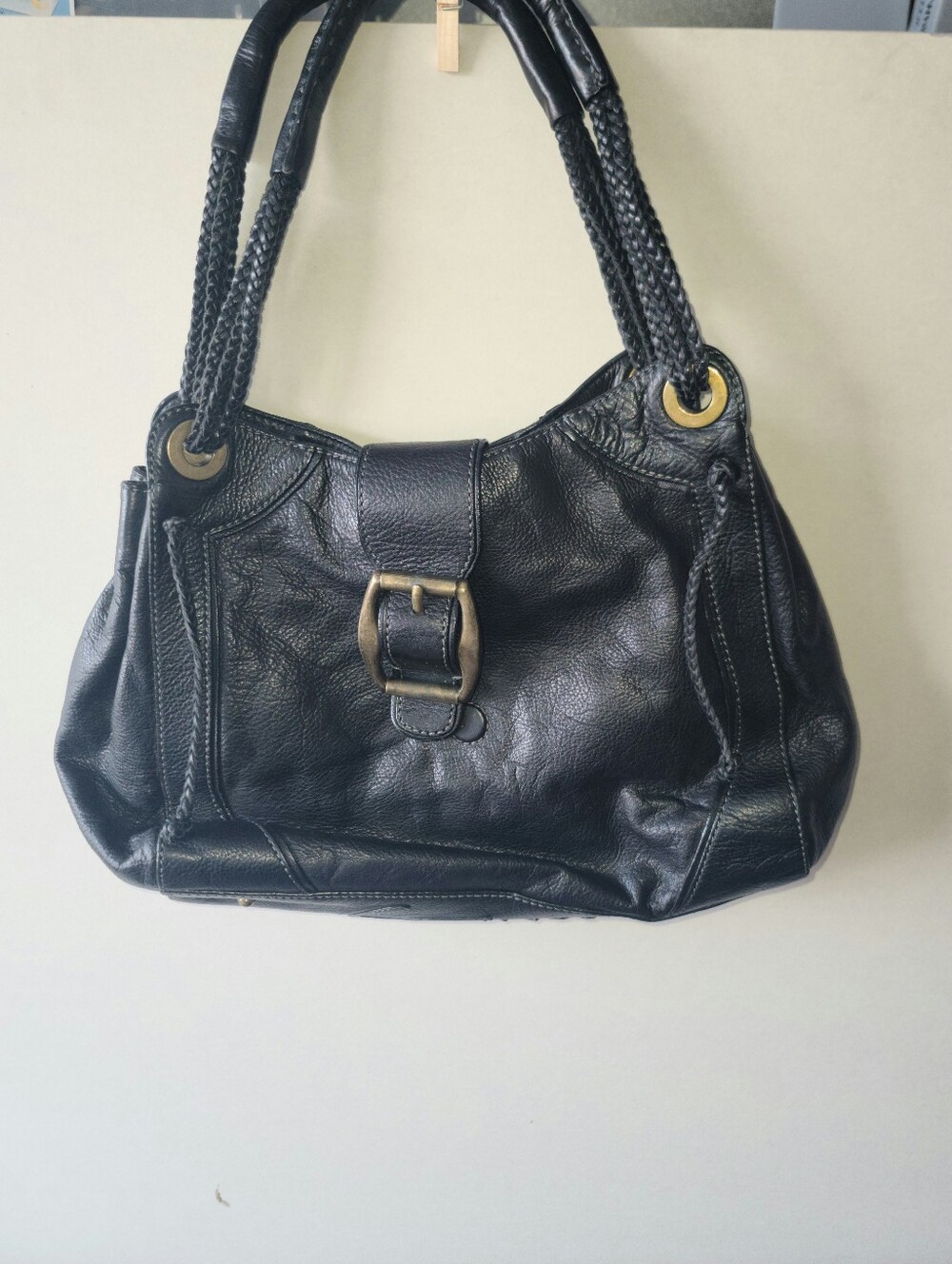 Etienne Aigner Black Leather Shoulder Bag with Brass Buckle